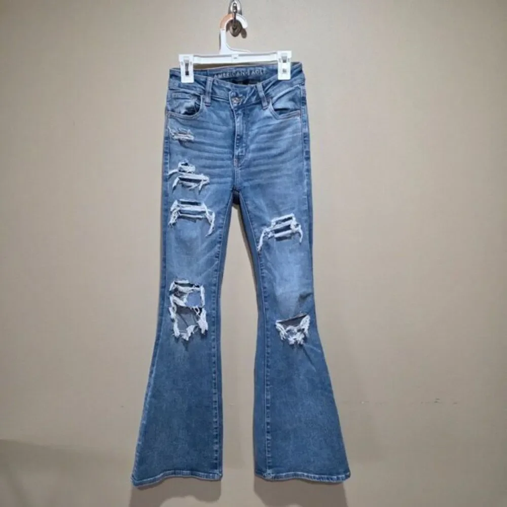 American Eagle Super Hi Rise Flare Jeans Distressed Y2K Stretch Denim - Size 00